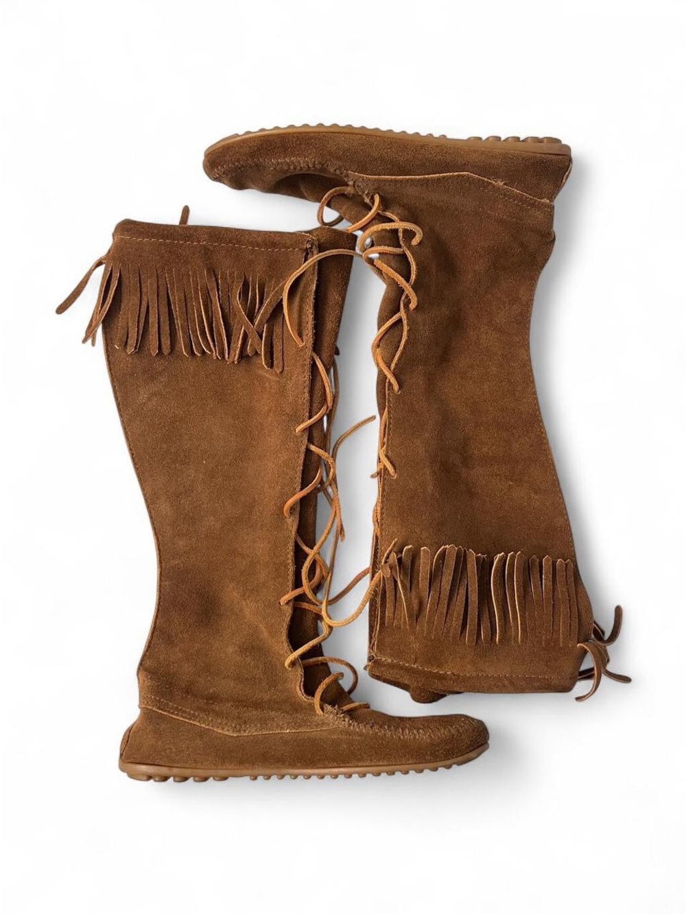 Minnetonka Brown Suede Fringe Lace-Up Over-the-Knee Boots